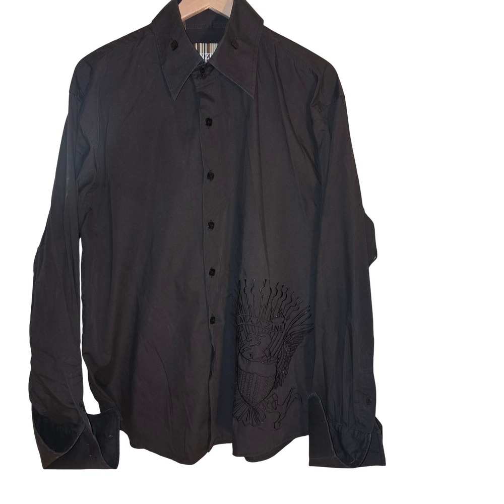 Manzini Mens 2XL Black Eagle Embroidered‎ Red Rhinestone L/S  Shirt French Cuff